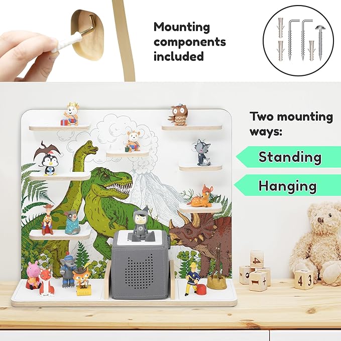 stadtecken Wooden Shelf for Music Box I Suitable for The Toniebox and Tonies I Perfect Storage in The Children's Room I for Setting up or Hanging (Dinomania)