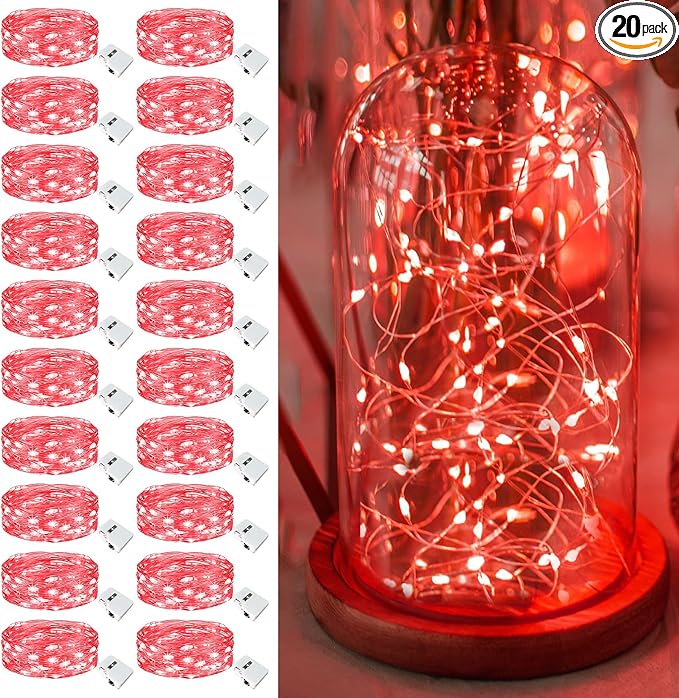 20 Pack Fairy Lights Battery Operated - 7ft 20 Led Twinkle Lights 3 Modes, Bulk Mini String Lights Waterproof for Mason Jars Vases DIY Party Wedding Decoration Christmas - Red