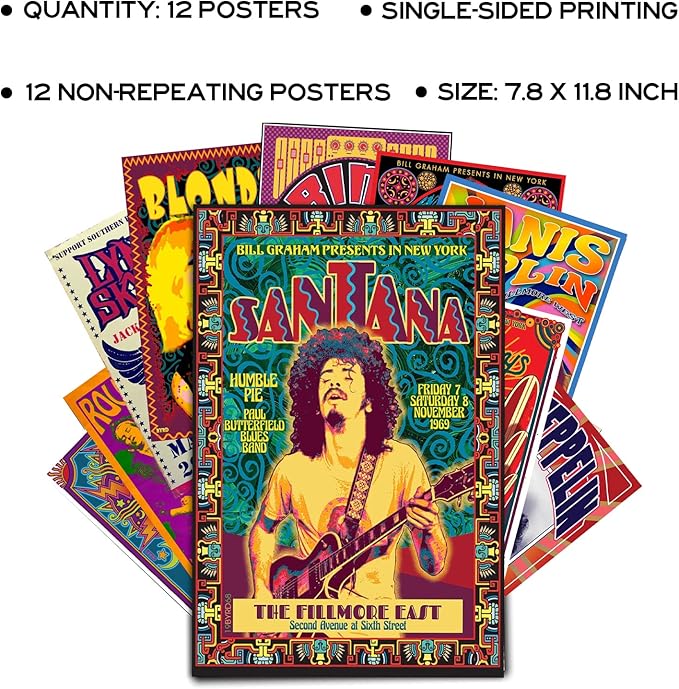 Woonkit Vintage Rock Band Posters for Room Aesthetic, 70s 80s 90s Retro Music Bedroom Decor Wall Art, Concert Poster Wall Collage, Old Music Album Cover Prints (12 SET A, 7.8X11.8 INCH)