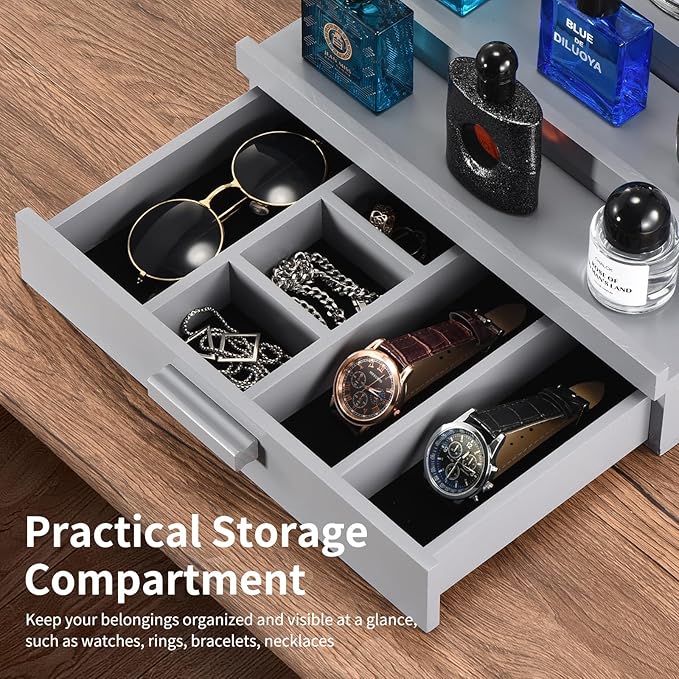 Perfume Organizer for Men, 3 Tier Wood Perfume Display Stand with Velvet Lining Drawer and Hidden Compartment for Watch,Jewelry,Perfume Display Risers,A Gift for Men (Gray)