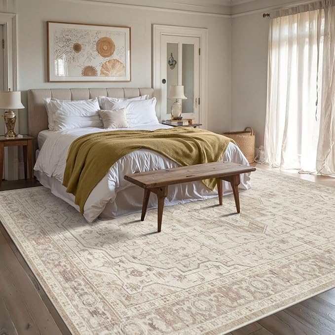 Rugxara 8x10 Washable Area Rug for Living Room, Vintage Neutral Extra Large Boho Rugs for Office, Kids Room, Farmhouse, Durable Low Pile Non Slip Carpet for High Traffic Areas, Cream