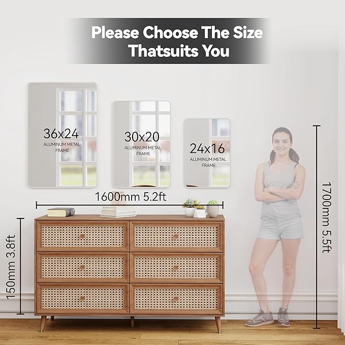 SCWF-GZ 24x36 Mirror Vanity Bathroom Wall Mounted Aluminum Alloy Metal Frame Dressing Round Rectangle Mirrors for Entryway Bedroom Living Room Horizontally or Vertically 36x24 inch Silver