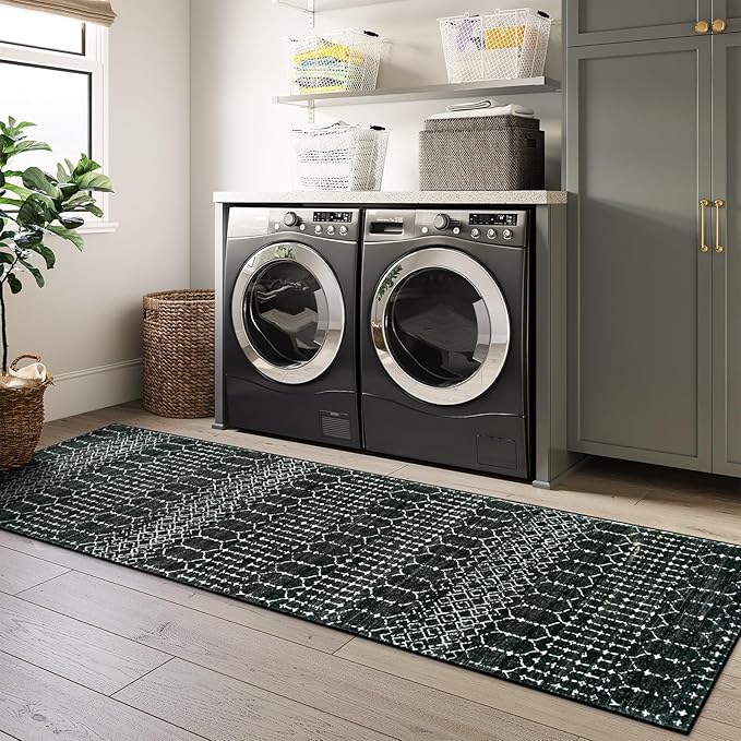 Lahome Moroccan Black Long Runner Washable Hallway Rug, Ultra-Thin Non Slip Kitchen Runner, Soft Modern Print Indoor Floor Carpet for Entryway Stair (Black, 2'5''x12'') Hana