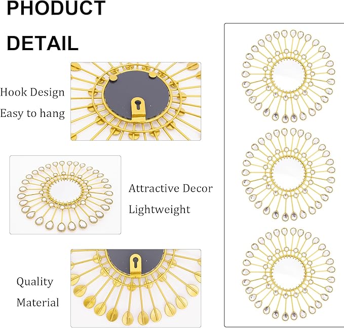 Gold Mirrors - Sunburst Valentine Wall Art, Decorative Round Mirrors for Valentine Bedroom, Living Room, Bathroom, Kitchen, Entryway, Hallway - Set of 3