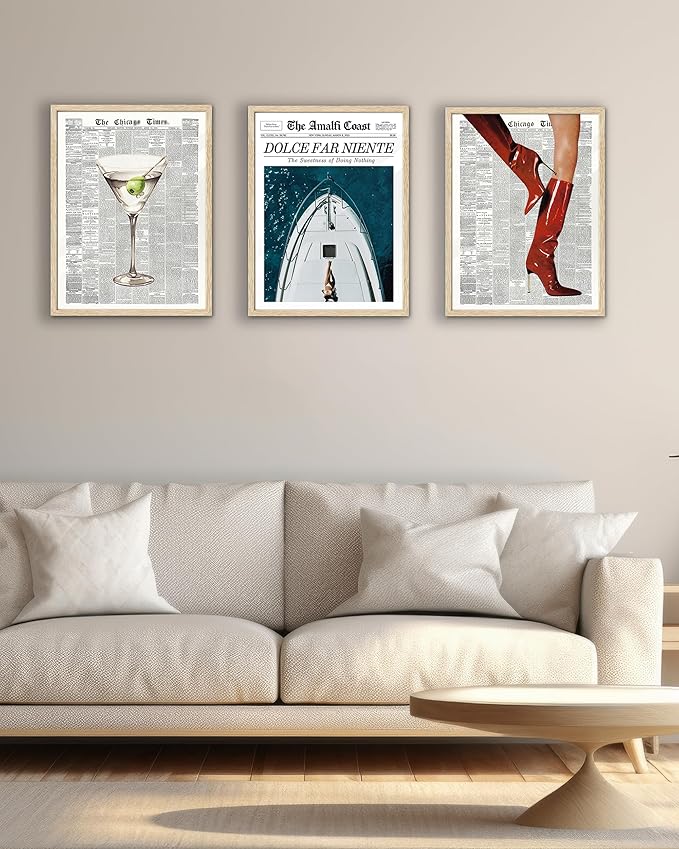 EcoHest Trendy Newspaper Martini Framed Wall Art, 12x16 in OAK Wood Retro Bar Cart Canvas Art, Magazine Aesthetic Apartment Art, Beige Logs Funky 70's Set of 1 for Bedroom Living Room