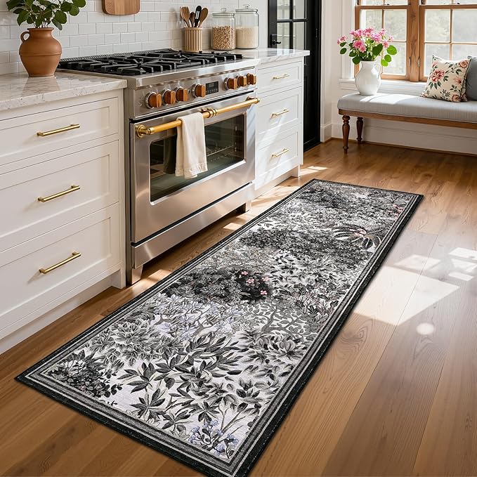GarveeHome Forest Runner Rug, Blue Grey Washable Runner Rug 2x6 for Kitchen, Botanical Low Pile Non Slip Stain Resistance Woodland Hallway Rug for Entryway Bedroom Laundry Room