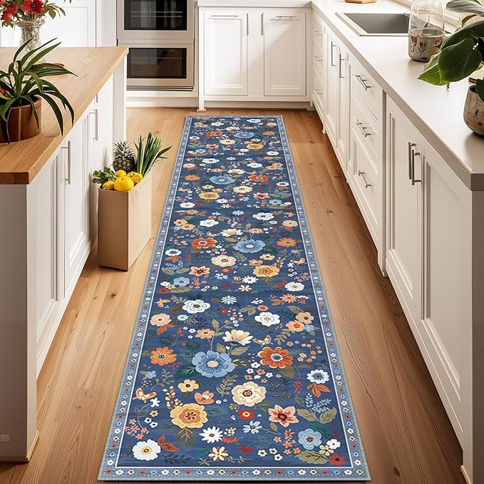 RELEANY Floral Nursery 2x10 Area Rugs Washable Print Boho Cute Carpet Non Slip Flower Low Pile for Living Room Kids Girls Playroom Bedroom Kitchen Office Farmhouse-Blue/Grey