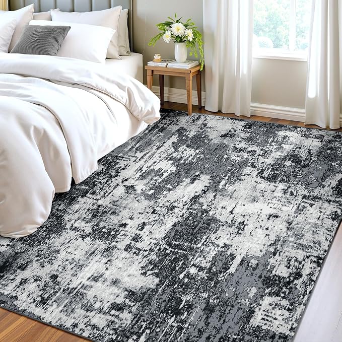 RELEANY Washable Area Rugs 4'x6' Non-Slip Modern Abstract Soft for Living Room Entryway Bedroom Nursery, Print Pattern, Black Navy Blue Gray