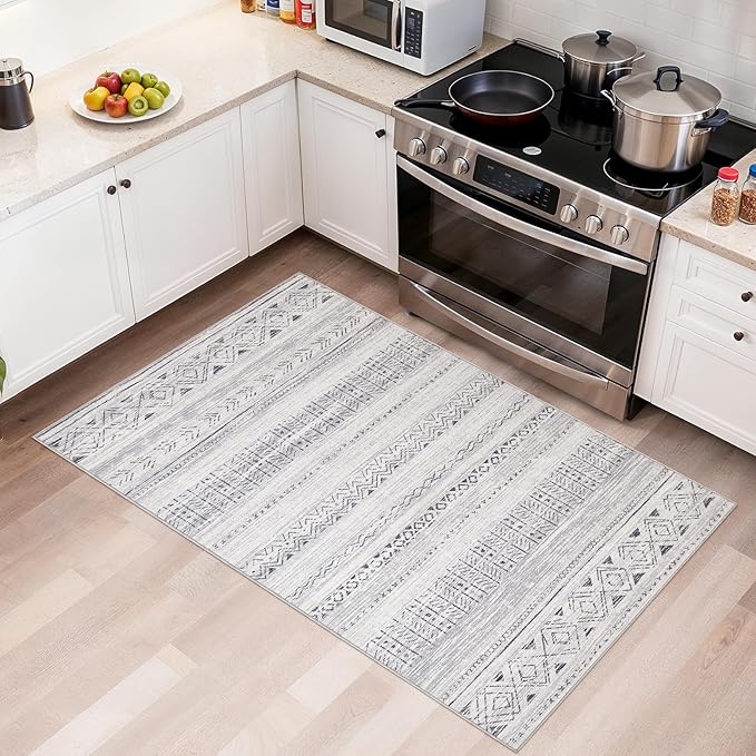 cotiled 3x5 Area Rug Living Room: Washable Boho Rugs with Non Slip Backing Small Soft Indoor Stain Resistant Carpet for Bedroom Farmhouse Dining Room Lightweight Home Decor Dark Grey