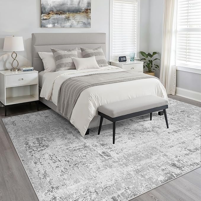 10x12 Area Rug Living Room: Washable Large Neutral Rug Abstract Soft Modern Stain Resistant Indoor Floor Non-Slip Carpet for Bedroom Nursery Kids Office Playroom Dining Room Under Table- Light Gray