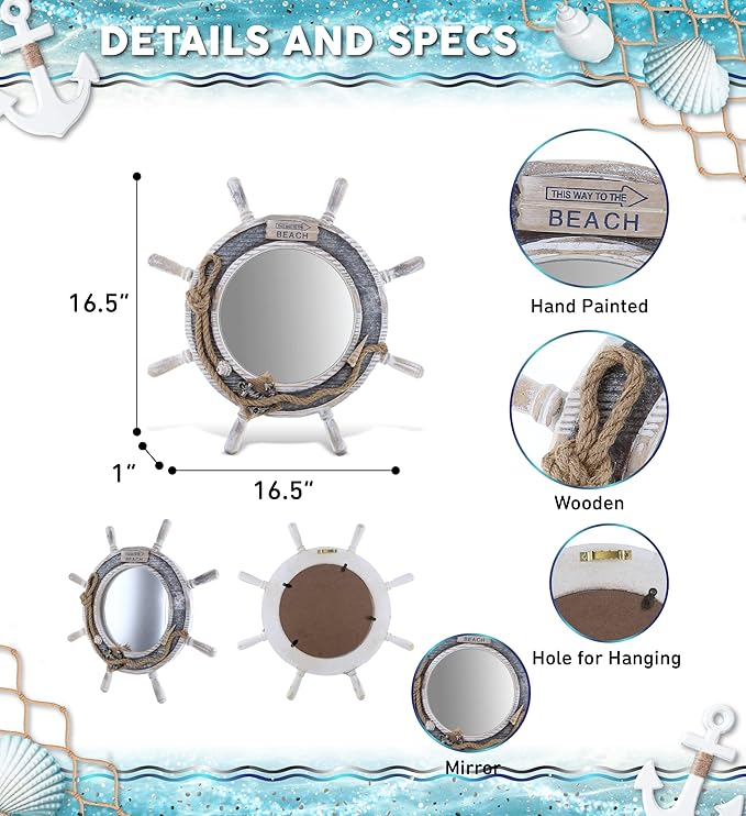 CoTa Global Silver Sea Beach Wall Decor Nautical Ship Wheel Mirror - Handcrafted Wooden Ship Wheel Mirror with Hanger, Nautical Themed Home Decor, Decorative Ornament