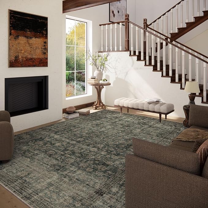 Washable Living Room Area Rug: 9x12 Rugs for Bedroom Vintage Stain Resistant Non Slip Low Pile Large Boho Carpet for Kitchen Dining Room Farmhouse Kids Room Nursery