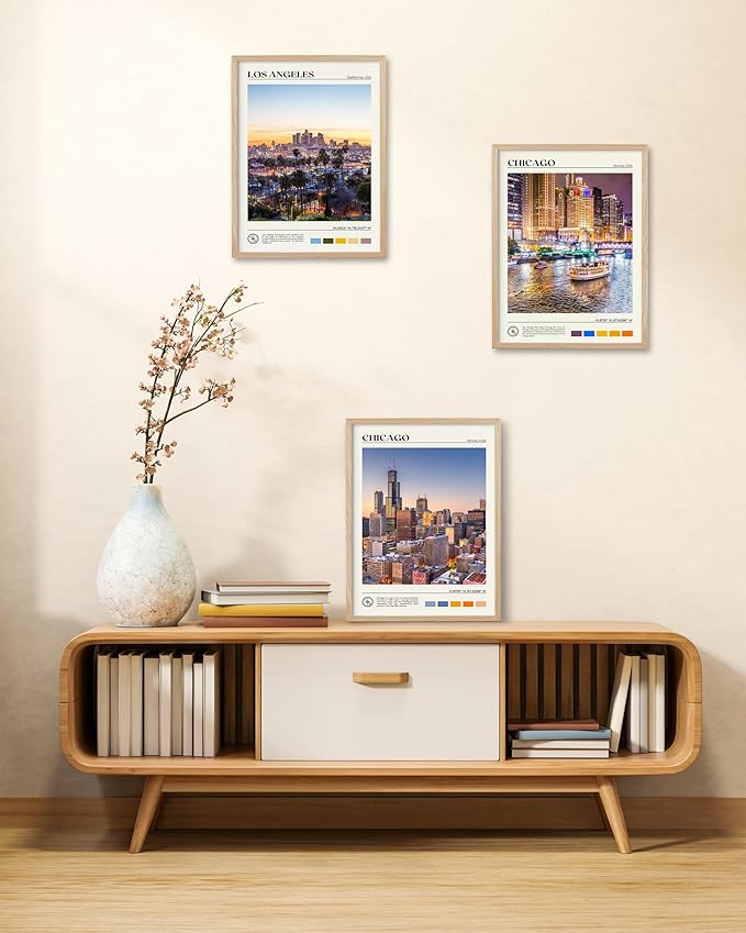 HesenDot Natural OAK Wood Chicago Cityscape Framed Wall Art,12x16in City Skyline Canvas Wall Print,Modern Urban Landmark Wall Decor for Living Room,Bedroom,Office Gallery Gifts Set of 1