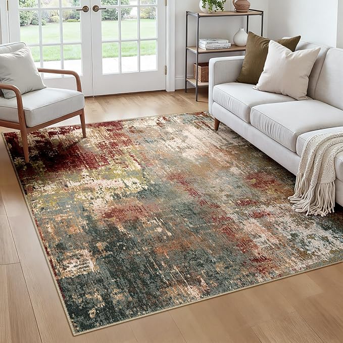 RELEANY Washable Area Rugs Square 6ft Non-Slip Modern Abstract Soft for Living Room Entryway Bedroom Nursery, Print Pattern, Brown Rust Red Green Blue Multi