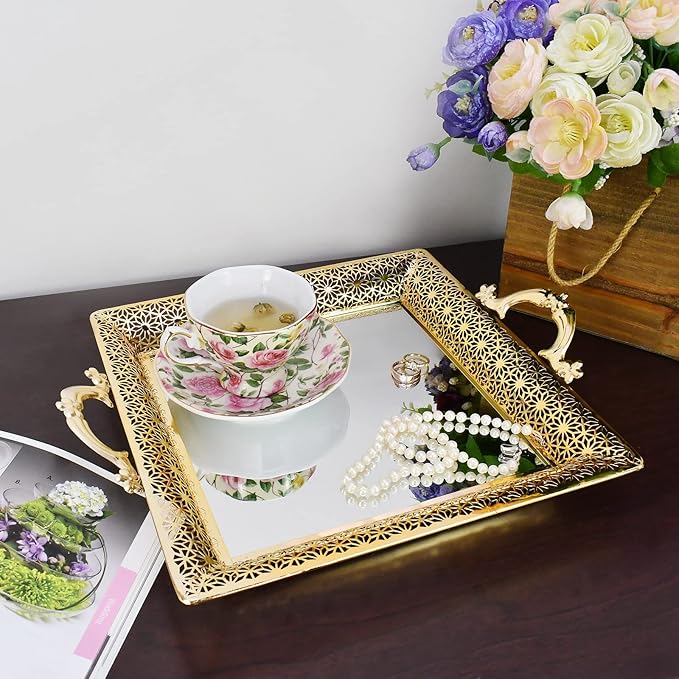 Mirrored Tray with Handles Home Decor Vanity Tray for Dresser Make Up Jewelry Organizer Perfume Decorative Serving Glass Mirror Gold