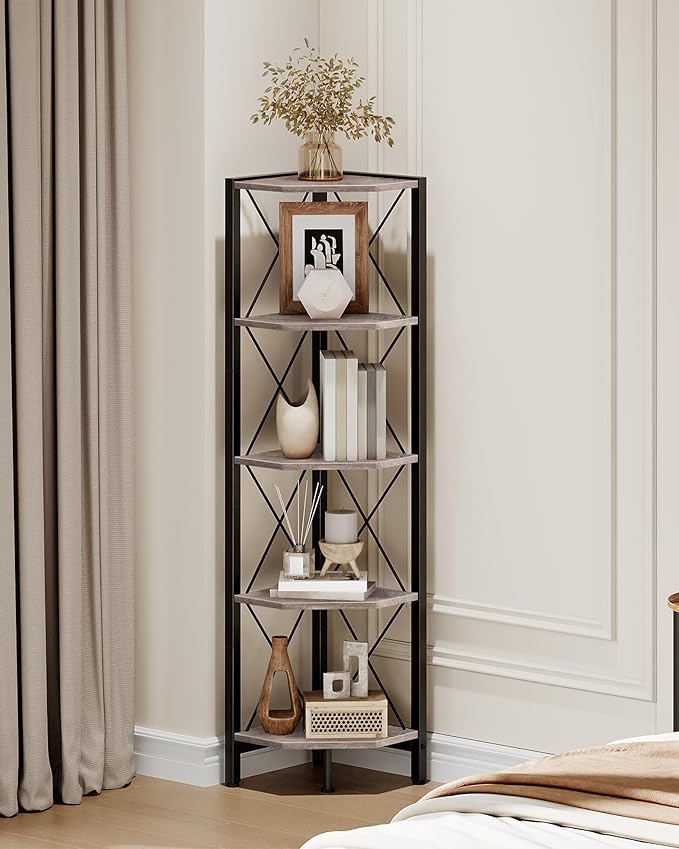 CHOEZON 5-Tier Corner Shelf, Corner Bookcase, 55.2" Tall Vertical Display Rack, Plant Stand, Open Storage Shelf, for Living Room, Bedroom, Study, Kitchen, Greige and Black TCJ12BG