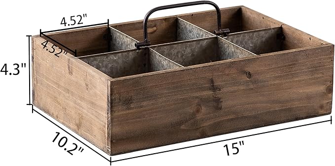 Farmhouse Wooden Crates for Decor 15 X 10 inches, Distressed Wood and Galvanized Storage Crates for Crafts, Rustic Wooden Baskets for Gifts, Wood Crates for Display, 6 Individual Slots