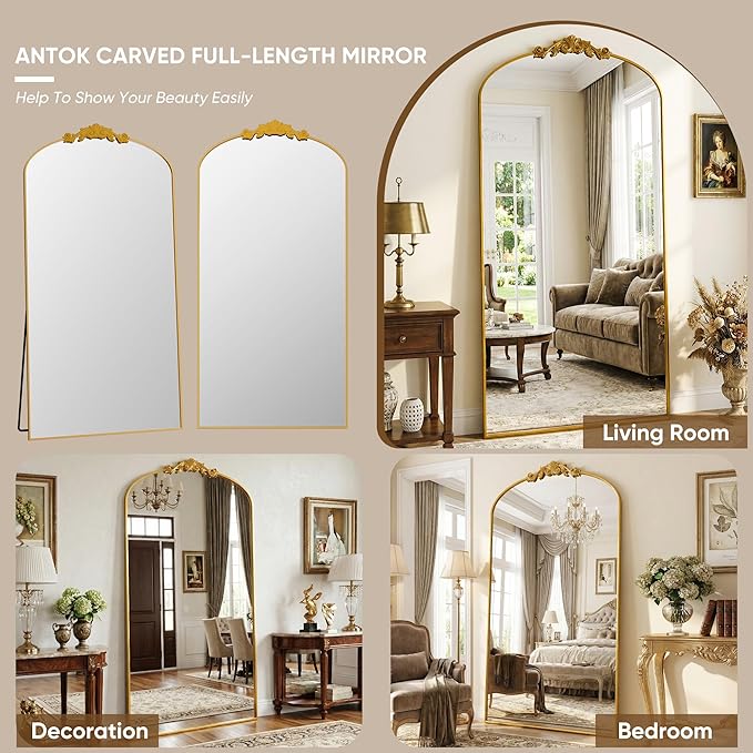 Antok Arched Full Length Mirror, 90"x46" Floor Mirror with Carved, Full Body Mirrors for HomeDecor, Standing/Halling Large Wall Mirror for Bedroom, Living Room, Cloakroom, Gold, Retro Style