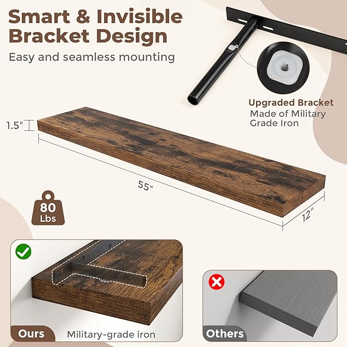 Fun Memories 55 Inch Fireplace Mantel Shelf, 12 Inch Deep Shelves for Display & Wall Storage, Rustic Wood Wall Shelf, Extra Long Floating Shelves for Bathroom Bedroom Living Room, Rustic Brown, 2 Pack