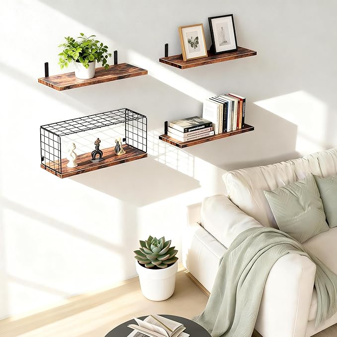 Floating Shelves with Wire Storage Basket, Over Toilet Bathroom Shelves with Metal Guardrail, Wood Wall Shelves for Bathroom, Bedroom, Kitchen - Dark Brown