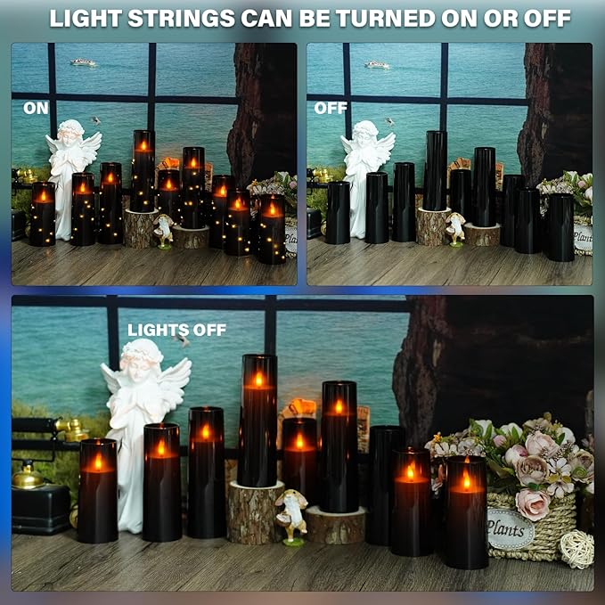 Nimiko Flickering Flameless LED Candles, 9 Pcs with Embedded Star String, Acrylic LED Pillar Candles with Remote, Suitable for Home Decoration (Black)
