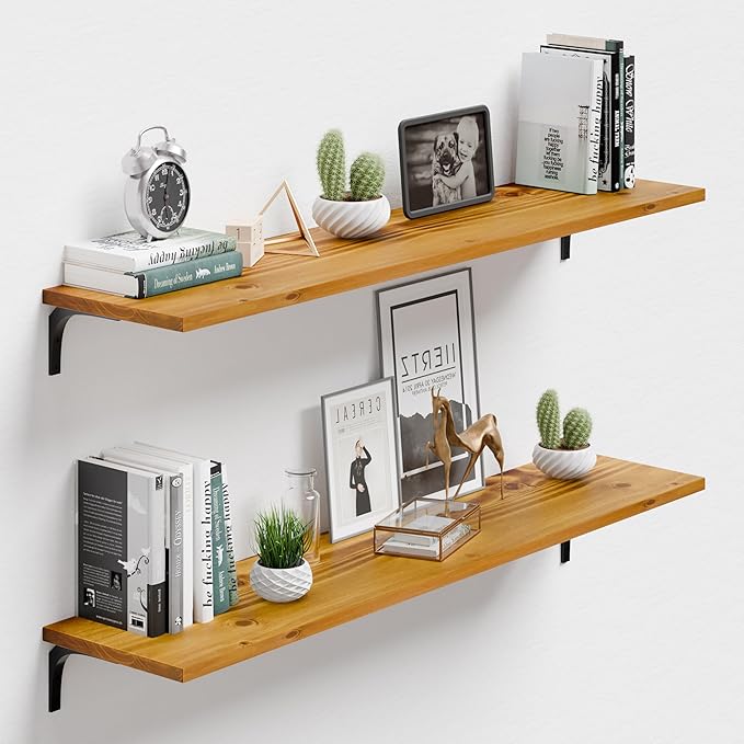 12 Inch Deep Floating Shelves Set of 2, 48 Inch Extra Wide Solid Wood Wall Shelves, 4ft Heavy Duty Farmhouse Bookshelf with 100 lbs Capacity for Living Room, Kitchen, Special Brown