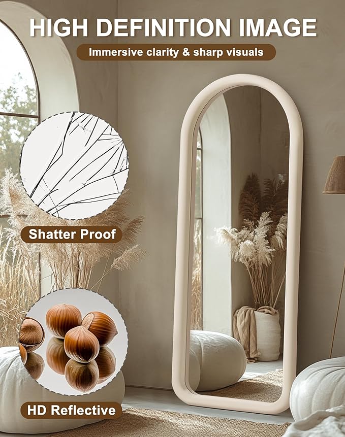 Delma Arched Full Length Mirror, Free Standing Floor Velvet Finish Frame Mirror for Leaning or Hanging, Soft Touch Bedroom & Living Room Decor, Cream White