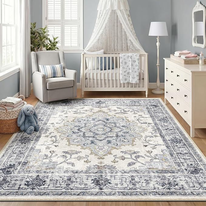 CAPALOCA Machine Washable Rugs Nursery Rug 6x9 Cute Girl Non Slip Low Pile Water Repellent Soft Print Pattern for Bedroom Indoor Decor Kids Playroom Bluewhite
