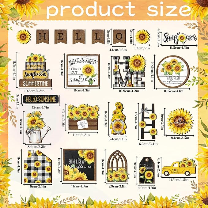 Bucherry 23 Pcs Sunflower Tiered Tray Decor Spring Decorations for Home Farmhouse Decorative Trays Wooden Sign Table Centerpieces for Home Kitchen Shelf supplies (Sunflower)