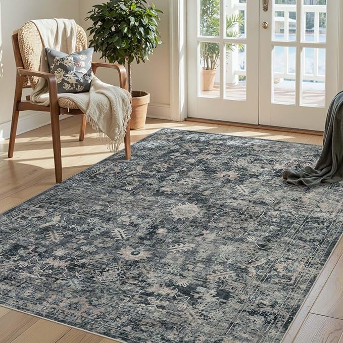 Rugxara 3x5 Rug for Entryway Bedroom, Blue 3x5 Washable Area Rug, Vintage Retro Boho Throw Rug, Non Slip & Low Pile Small Carpet for Indoor Kitchen, Bedside, Living Room, Bathroom and Dining
