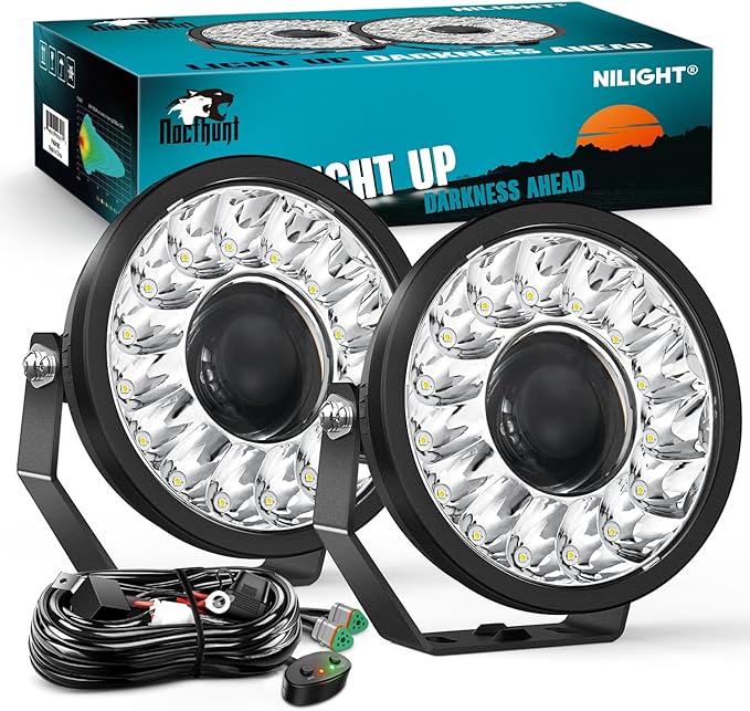 Nilight 7 Inch LED Offroad Driving Lights with DRL 2 PCS 100 W Round Hyper Spot Beam Offroad Light w/ 12 AWG DT Connector Wiring Harness Kit for Jeep Truck ATV UTV SUV