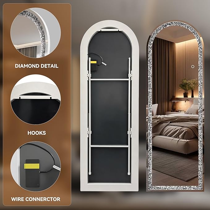 71"×24" Full-Length Mirror with Lights- Arch Crystal Crush Diamond Wall Mounted Hanging Diamond Mirror Leaning for Living Room Bedroom