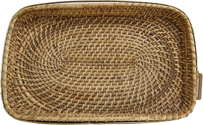 Home&Manor 15" Large Rectangular Brass Bordered Rattan Tray
