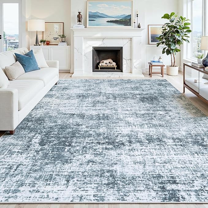 8x10 Area Rugs Washable Rug:Anti-Skid Abstract Modern Living Room Rug Soft Thin Carpets Indoor Floor Non-Shedding Carpet for Bedroom Dining Farmhouse Nursery Home Office(Light Slate Blue/White, 8x10)