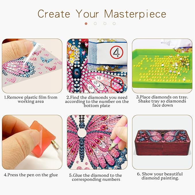 Diamond Art Painting Storage Box Kit, DIY Rectangular Wooden Decorative Container Holder with Lid, Snack Jewelry Gem Art Organizer Case for Adults (Butterfly)