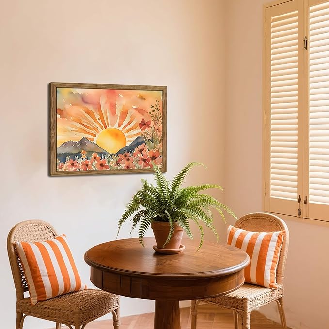 Framed Sunset Boho Wall Art for Living Room - Modern Abstract Floral Canvas Picture Boho Wall Decor, Sun Landscape Aesthetic Painting Poster Prints for Bedroom Home Office 16x24 inch