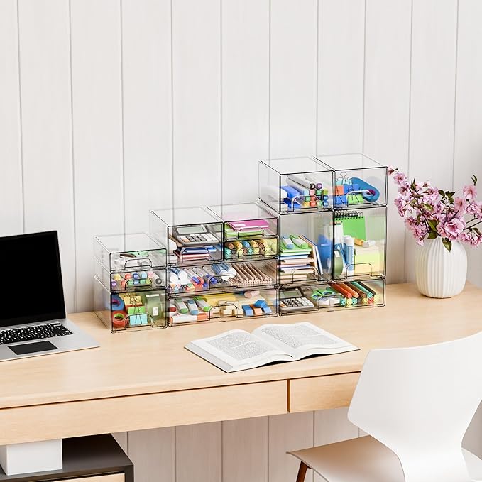 Yieach 12.1''W Clear Stackable Storage Drawers,4Pcs Acrylic Drawer Organizer for Hair Accessories,Makeup Organizers,Plastic Office Supply Organizer for Pen,Pencil,Medicine,Accessory,Craft Organization