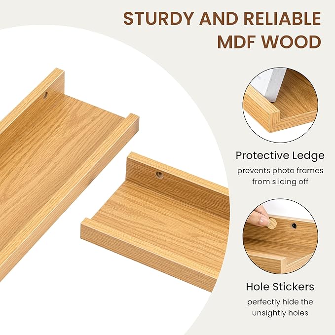 Heimlove Picture Ledge Shelf,56 inch Long Floating Shelves for Wall Set of 2,Picture Shelf with Lip for Wall Decor,Living Room,Bedroom,Bookshelf,Nursery,Perfume,Oak Color