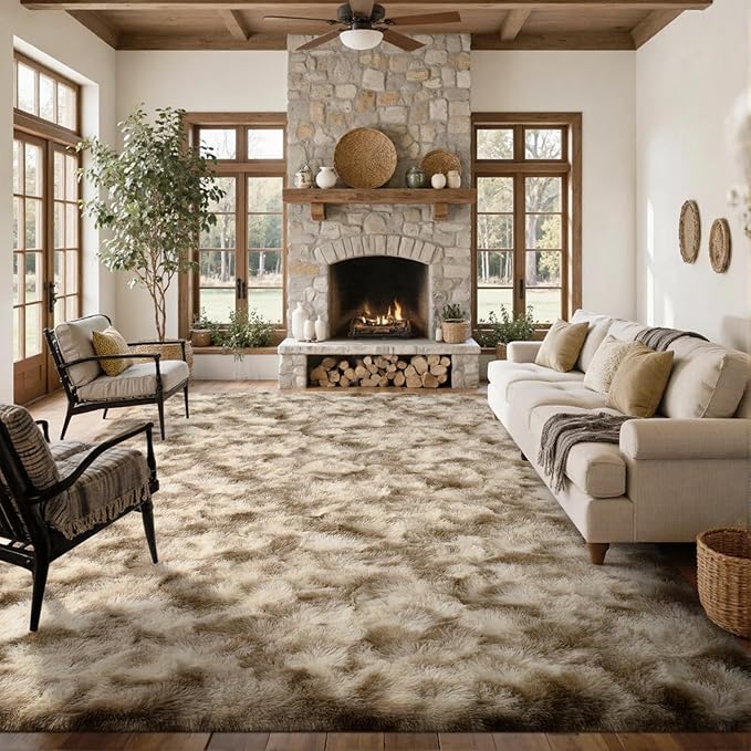 Area Rugs for Living Room 8x10Ft, Soft Fluffy Shagg Plush Bedroom Rug Non-Slip,Large Carpet for Nursery Kids Dorm Home Decor, Khaki