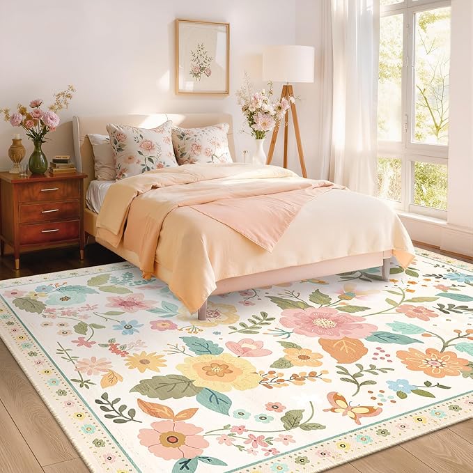 RELEANY Floral 8x10 Area Rug Machine Washable Soft Print Boho Carpet Non Slip Doormat Low Pile Flower Area Rugs for Living Room Bedroom Nursery Kitchen Dining Room Indoor-Beige/White/Orange