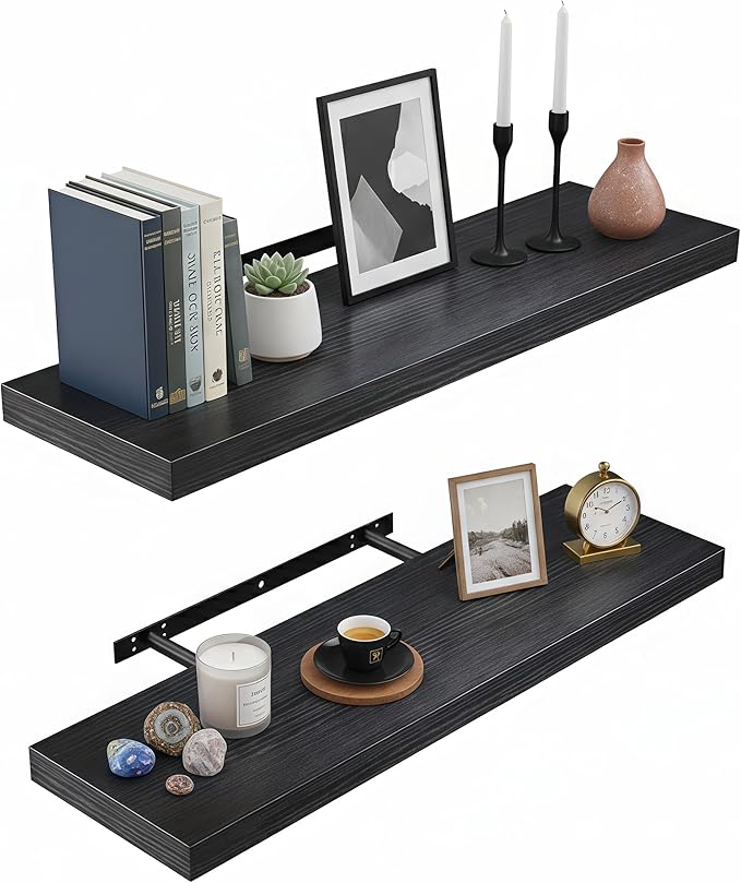 Lufia Floating Wall Shelves, Set of 2, MDF with Invisible Brackets, Modern Storage for Bedroom, Bathroom, Living Room, Kitchen (Black, 24" W x 7" D x 1.5" H)