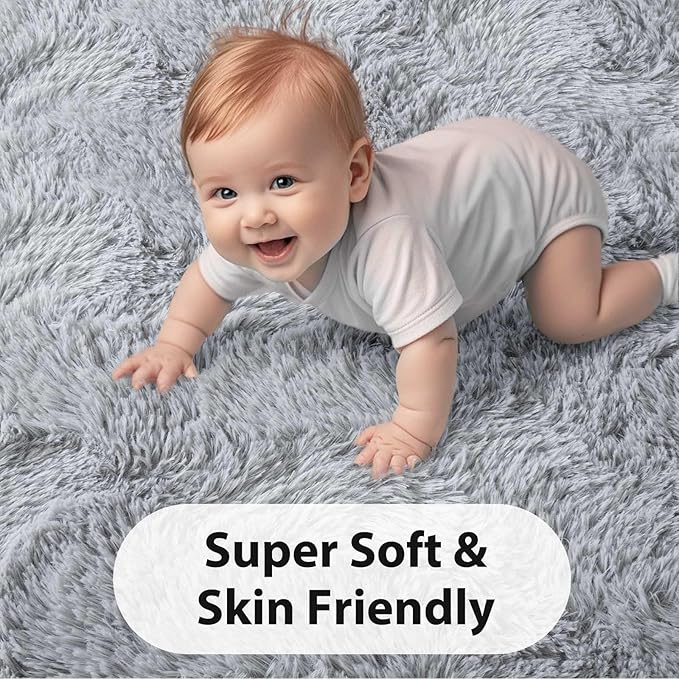 FinRèc 9x12 Feet Rugs for Living Room Bedroom, Soft Light Grey Fluffy Area Rug, Non-Slip Solid Shag Rug for Nursery Kids Room Dorm Room Home Decor, Indoor Floor Carpet