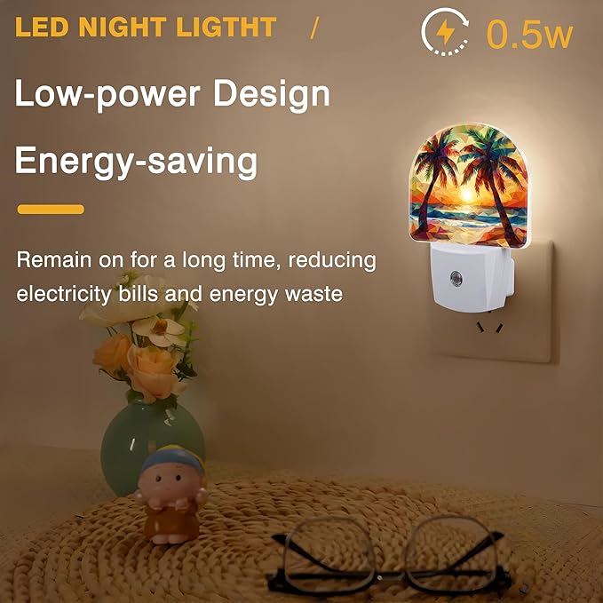 Night Lights Plug into Wall Beach Sunset with Palm Trees Night Light Dusk to Dawn Smart Sensor Decorative Round Led Lamp for Bedroom Kitchen Hallway Nightlight for Women Men