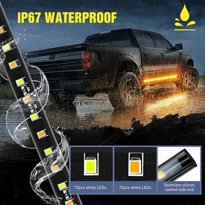 Nilight Truck Running Board Lights 2PCS 60 Inch LED Side Maker White Courtesy Light & Sequential Amber Turn Signal Lighting Strips Kit for Trucks Pickup SUV