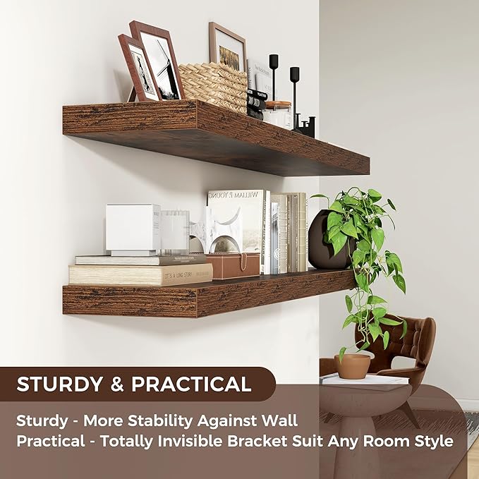 Venusmiles Floating Shelves for Wall 48 inch Long, Engineered Wood Wall Shelves with Invisible Brackets for Living Room Bedroom Bathroom Office Kitchen Decor and Storage, Rustic Brown, Set of 2