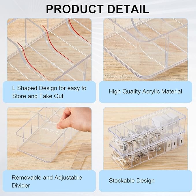 Tatuo 4 Pcs Cable Organizer Box with Wire Ties, Plastic Cord Storage Box with Lid, Electronics Organizer for Home Office Desk Organizers and Accessories (Clear)