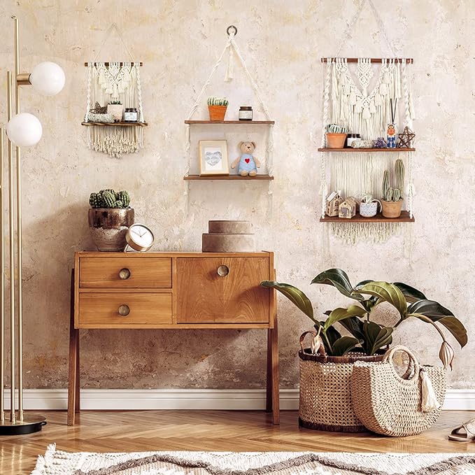 ANROYE 2 Tier Macrame Boho Wall Hanging Shelf, Handmade Bohemian Wooden Woven Plant Floating Shelves Decor, Decorative Chic Organizer for Bathroom Women Bedroom Girl Nursery Storage