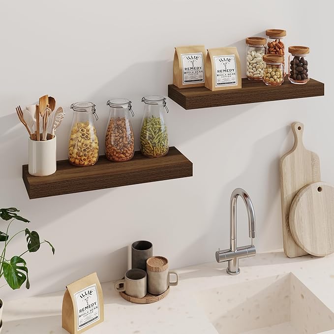 Fun Memories Floating Shelves for Wall, 24 Inch Floating Shelves Set of 2, Hanging Shelf with Invisible Brackets, Wood Shelves for Living Room, Bedroom, Kitchen, Walnut