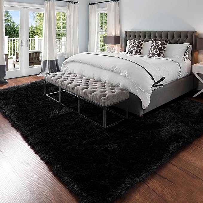 8x10 Black Rug for Living Room Bedroom, Large Big Fluffy Modern Area Rugs for Kids Room Decor Aesthetic, Shaggy Furry Floor Carpet for Dorm Office Playroom Nursery Classroom, Baby Teen Boys Men Rug