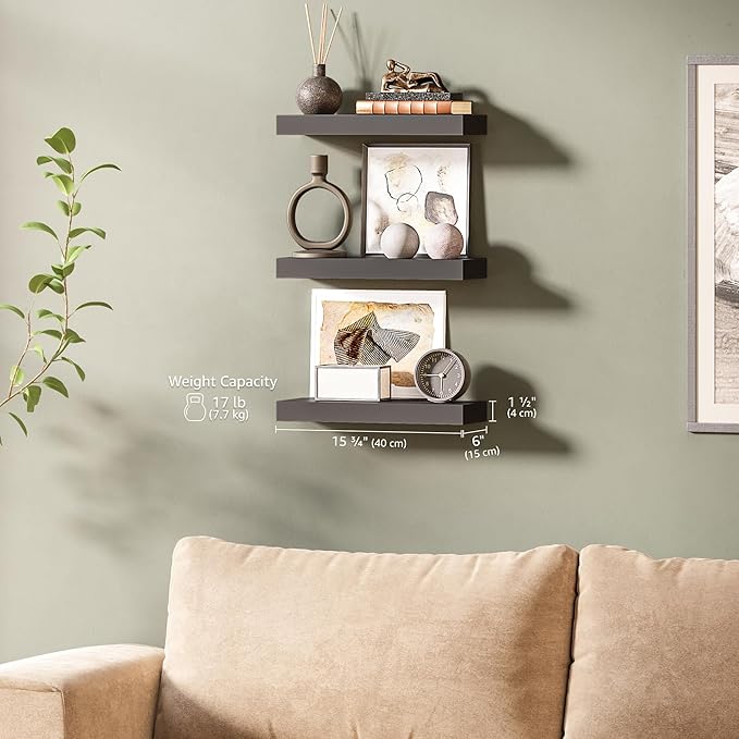 Ballucci Floating Shelves, 16" Wood Wall Shelf Set of 3, Invisible Brackets Floating Shelf for Wall Decor Living Room, Bathroom, Bedroom, Kitchen, 6" Depth, Black